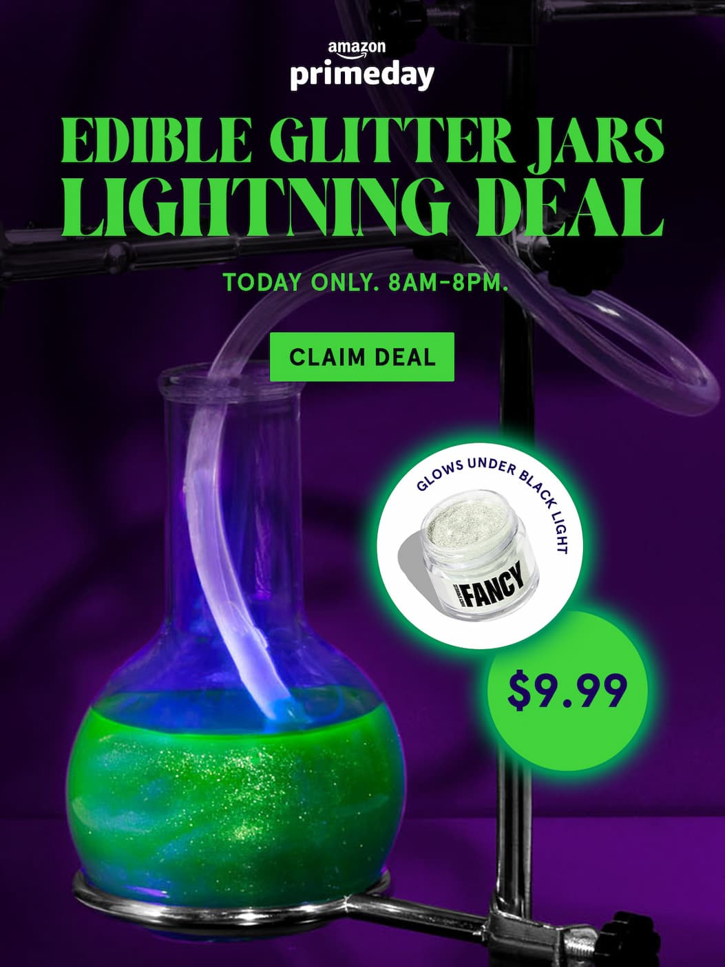 $9.99 Glitter Jar Lightning Deal for Prime Day, including our Glow Under Black Light Edible Glitter