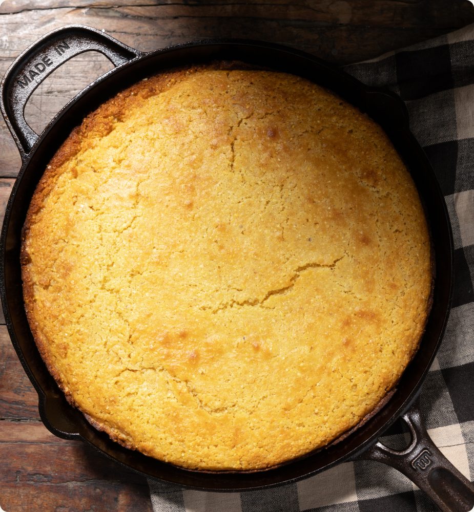 Skillet cornbread baked in a cast iron pan