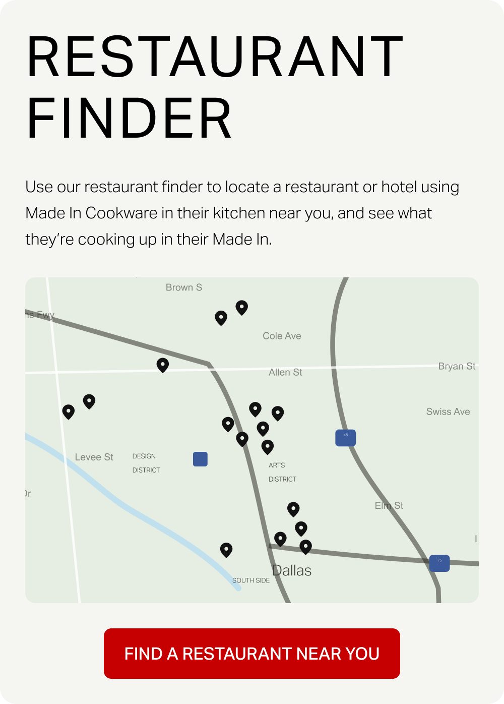 Restaurant finder map of Dallas near Inwood Rd, with Made In Cookware locations