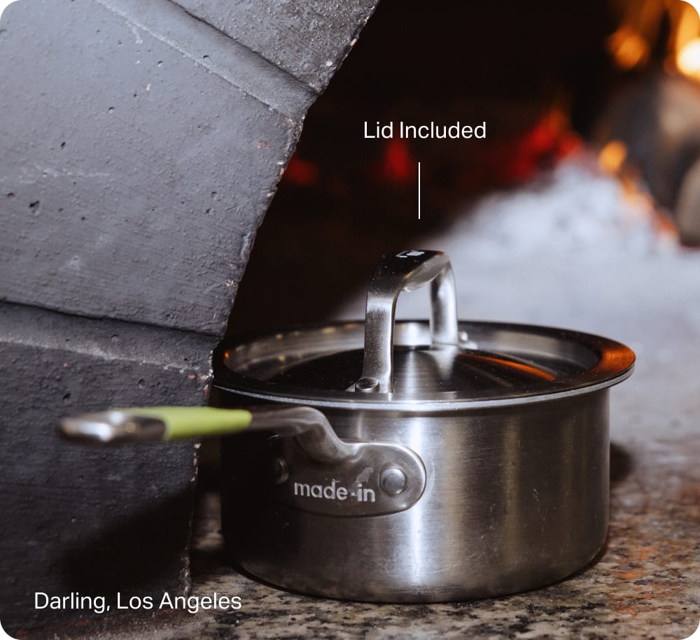 Butter Warmer with lid beside a wood-fired oven, at Darling, Los Angeles