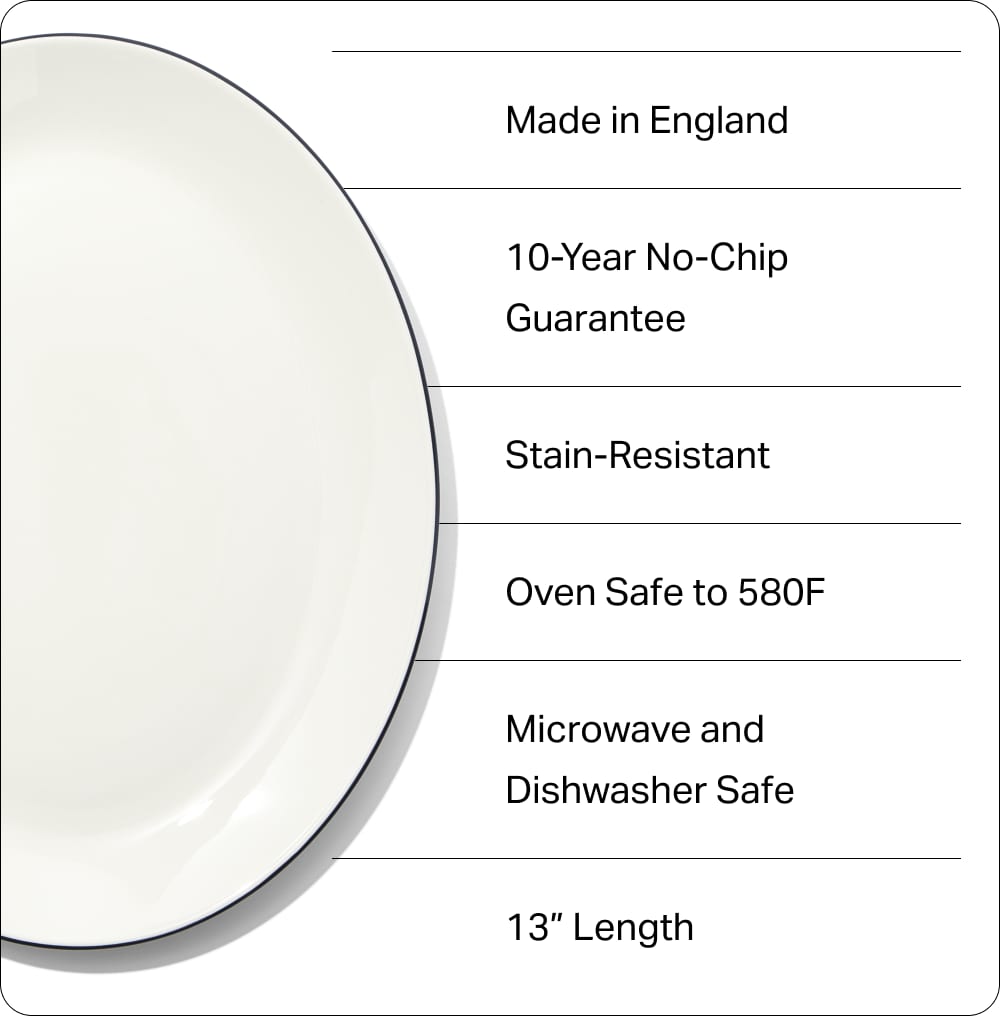 Serving Platter specifications: Made in England, 10-Year No-Chip Guarantee, Stain-Resistant, Oven Safe to 580F, Microwave and Dishwasher Safe, 13 inch Length