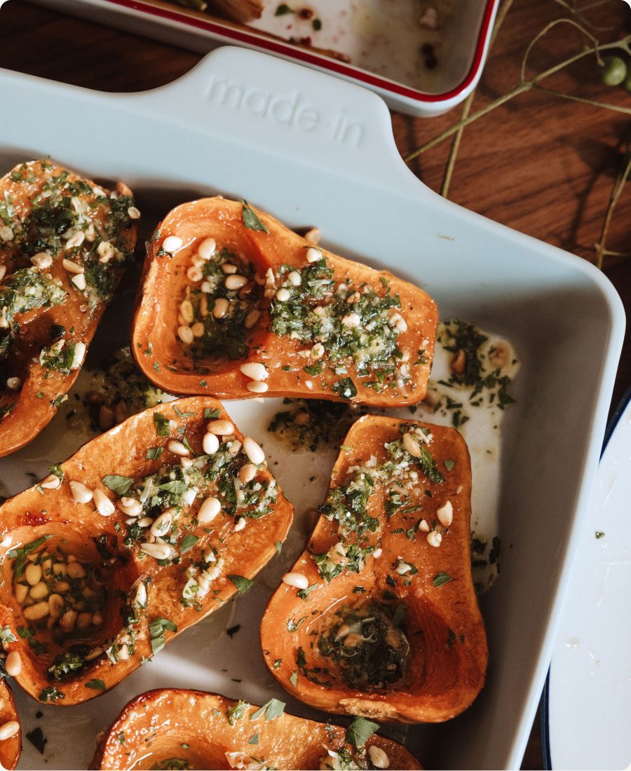 Roasted honeynut squash with pumpkin seed pesto in a Made In dish