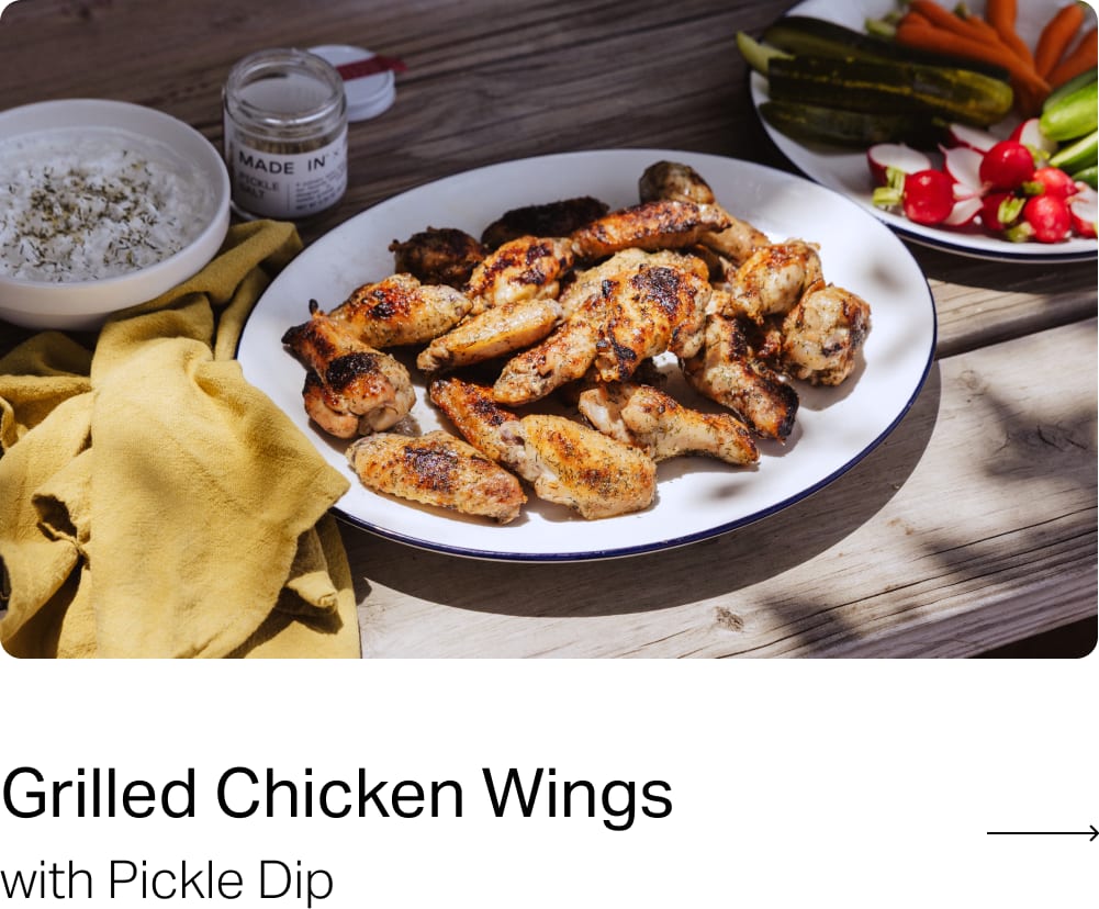 Grilled Chicken Wings with Pickle Dip