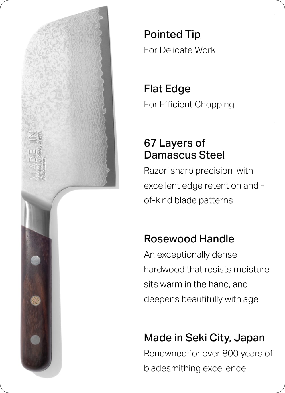 Kamagata knife features: pointed tip for delicate work, flat edge for efficient chopping, 67 layers of Damascus steel, Rosewood handle, and made in Seki City, Japan