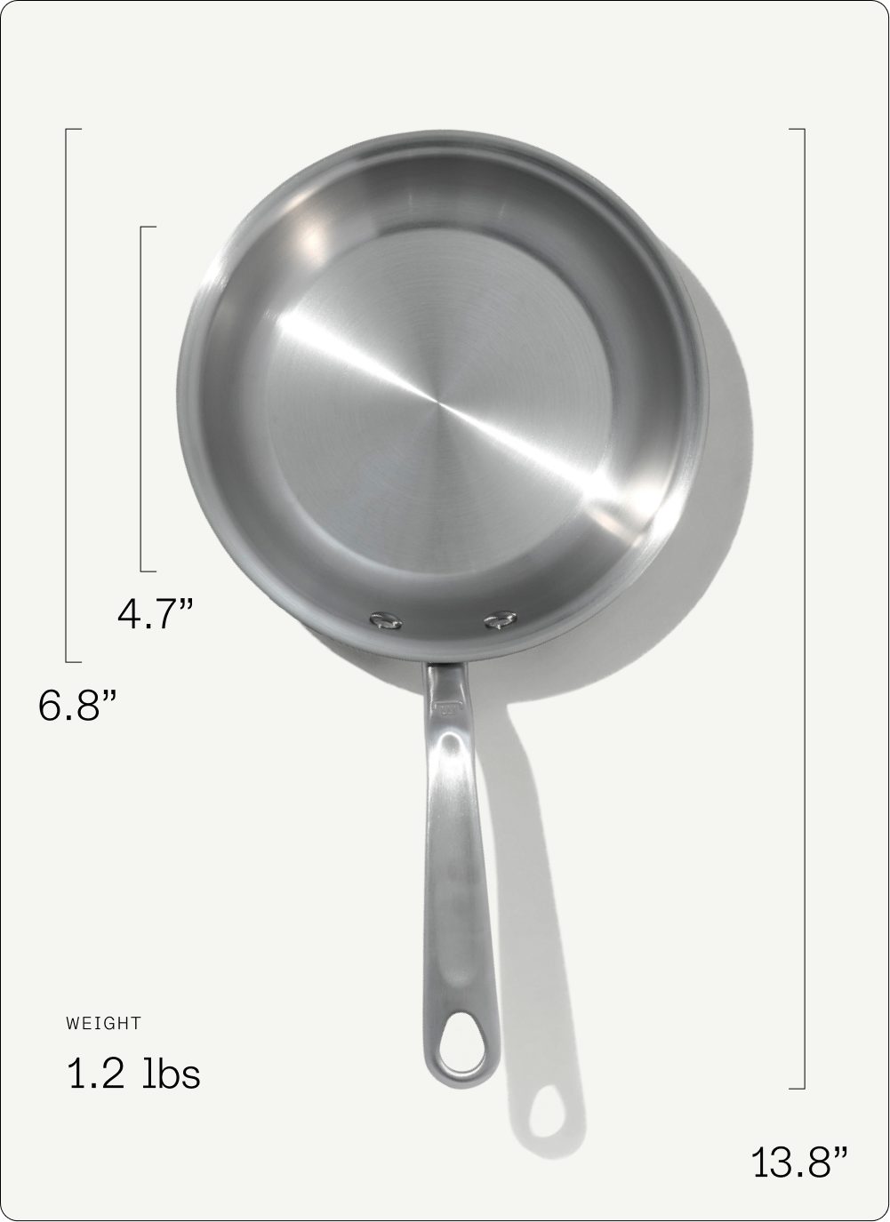 Overhead and side dimensions of the 6-inch frying pan: 4.7 inch base, 6.8 inch rim, 13.8 inch total length, weight 1.2 lbs