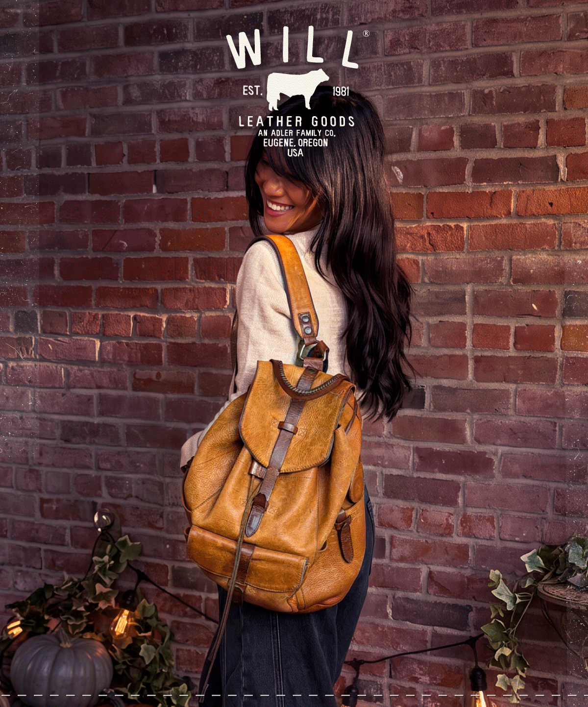Fall color lifestyle: leather backpack in burnt orange
