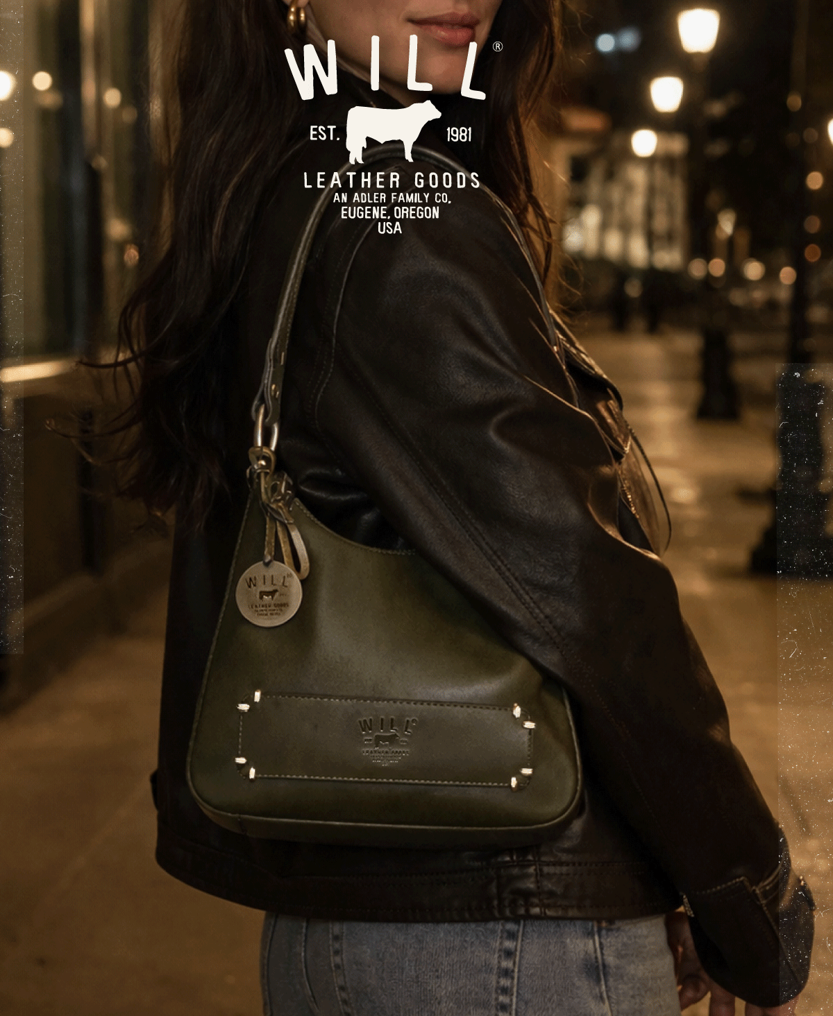 WILL leather crossbody in an evening street scene