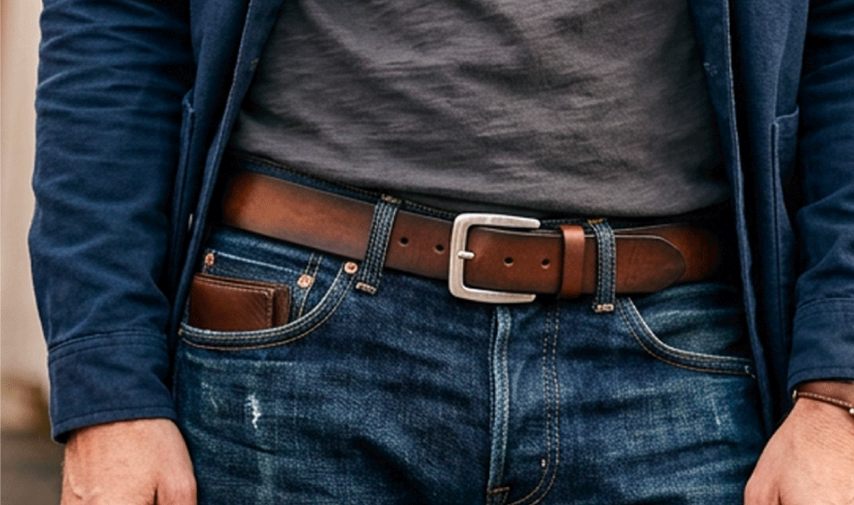 Handcrafted leather belt worn with denim
