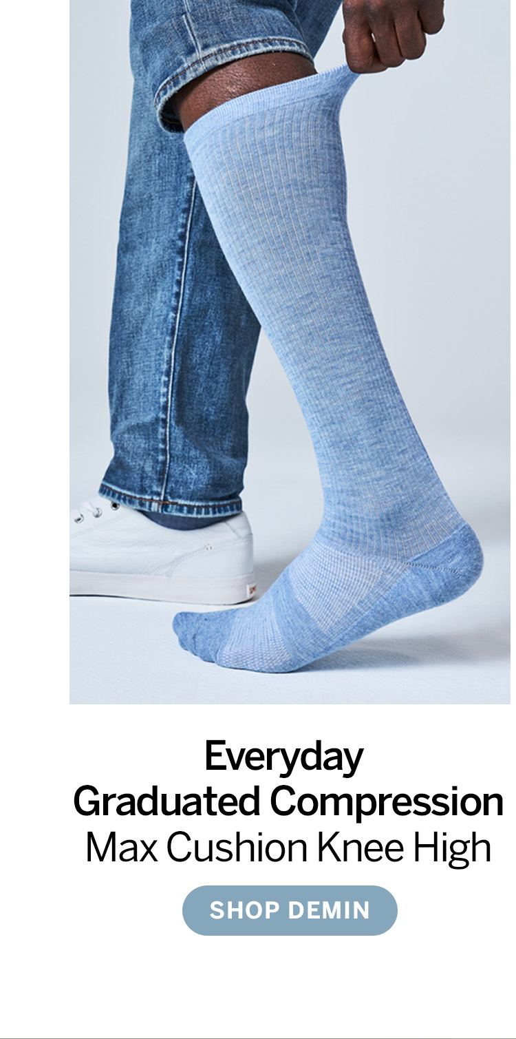 Everyday graduated compression, max cushion, knee-high, shop denim 