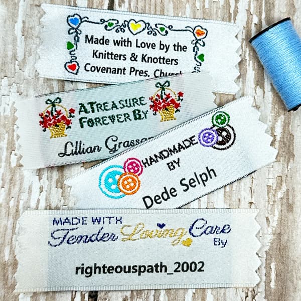 Personalized satin labels with humorous handmade sayings sewn into fabric