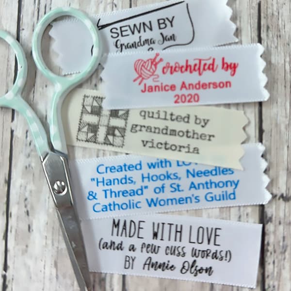 Personalized satin labels with humorous handmade sayings sewn into fabric