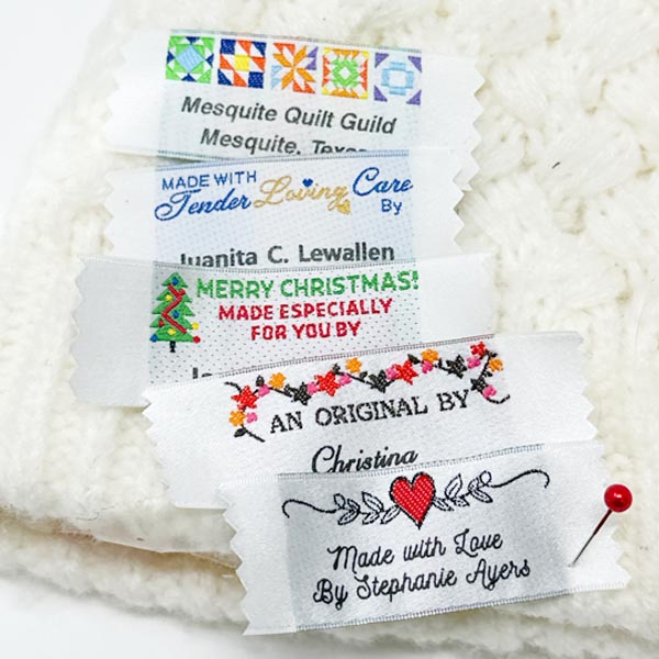 Personalized satin labels with humorous handmade sayings sewn into fabric