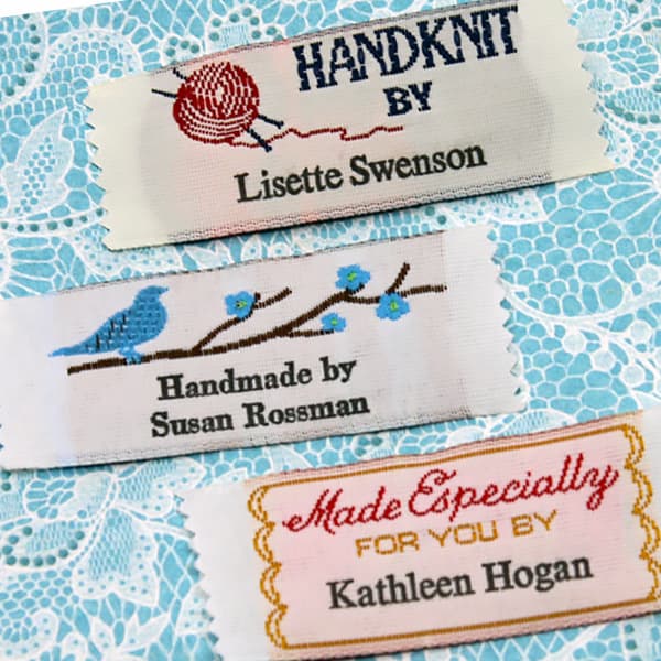 Assortment of custom woven name labels, including handknit and Made Especially For You tags