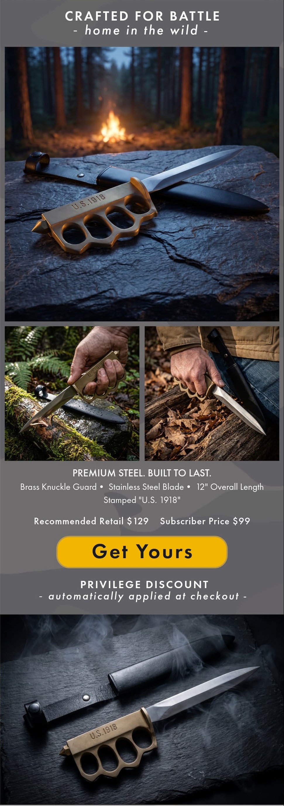 Add To Your Collection. PREMIUM STEEL. BUILT TO LAST. Brass Knuckle Guard• Stainless Steel Blade• 12" Overall Length Stamped "U.S. 1918"