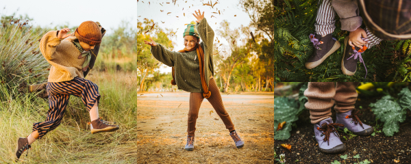 Children are enjoying autumn outdoors: as they jump, romp through a shower of leaves, and put on their shoes in the forest, they showcase the flexible Tejo children’s styles.