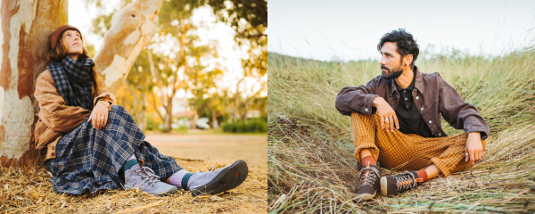 Relaxed autumn moments outdoors: a woman by a tree and a man in the tall grass are wearing the ankle-high Tejo Minimal shoes for adults.