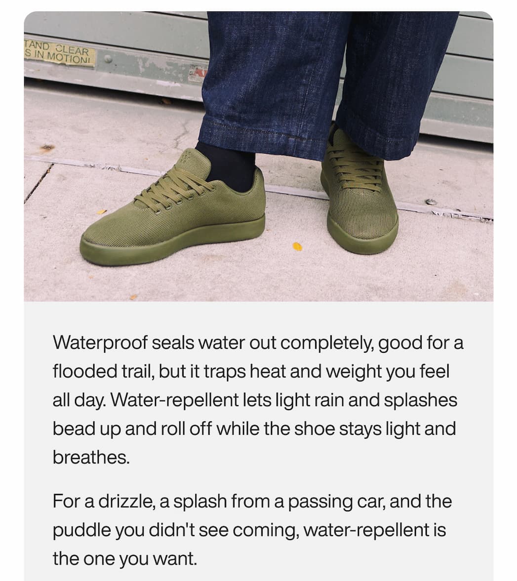 Waterproof seals water out completely, good for a flooded trail, but it traps heat and weight you feel all day. 