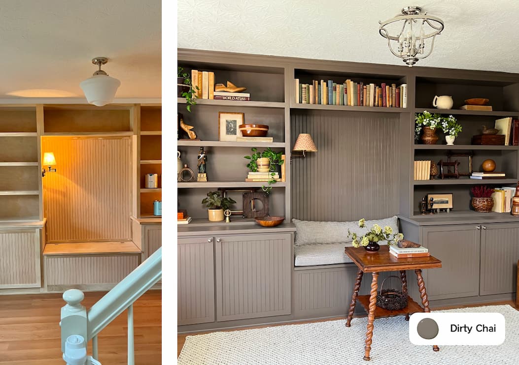 Before and after home library makeover featuring Dirty Chai