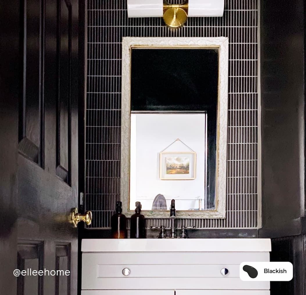 Powder room featuring almost black paint color Blackish