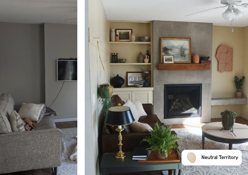 Before and after living room transformation featuring Neutral Territory