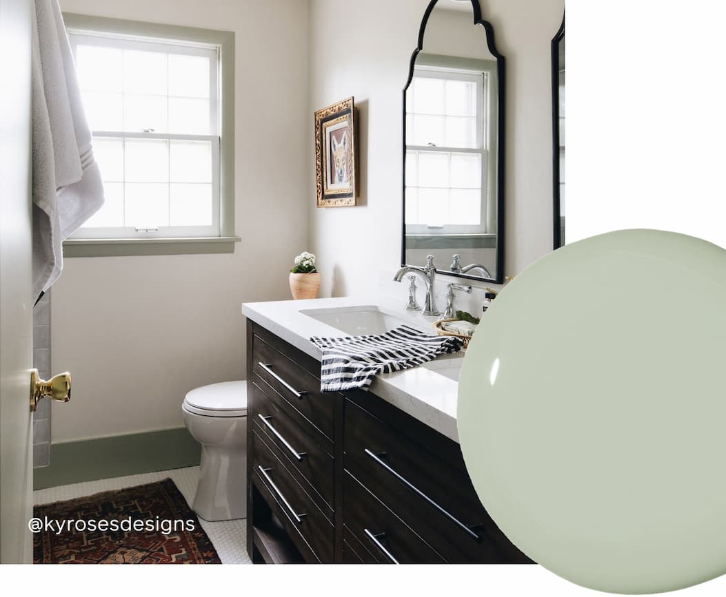 Bathroom with painted trim featuring light olive green paint color Dirty Martini