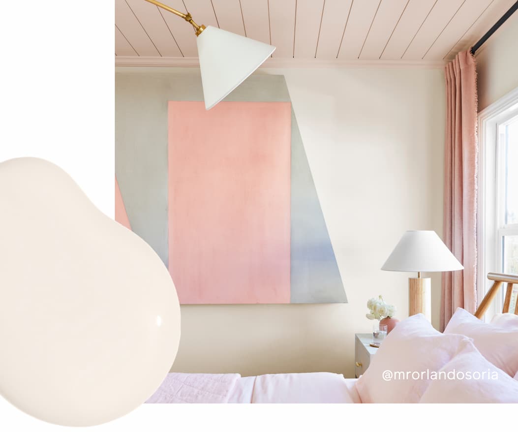 Bedroom featuring painted ceiling in barely there pink paint color Wing It