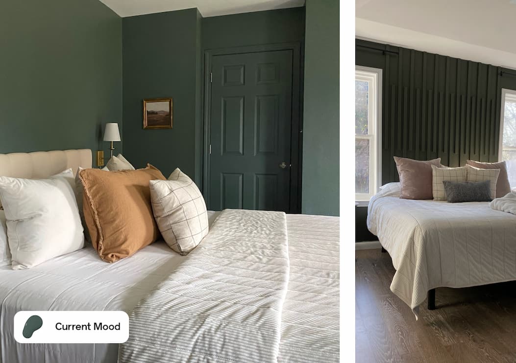Bedroom makeover before and after featuring moody green paint color Current Mood