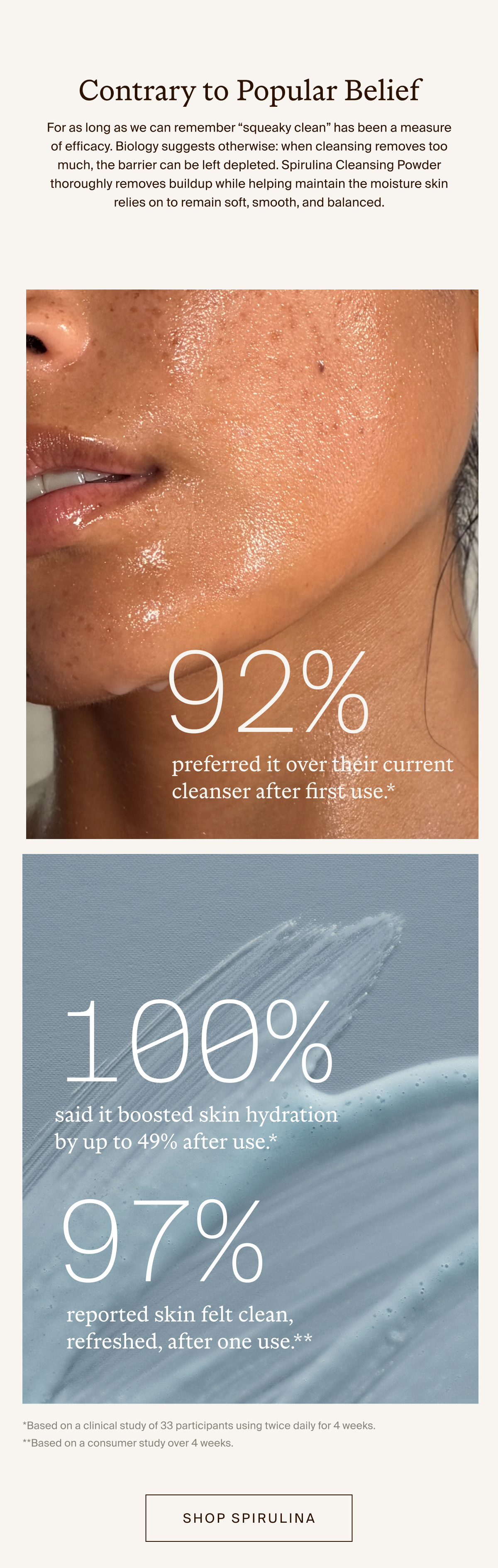 Spirulina removes buildup without stripping the moisture barrier