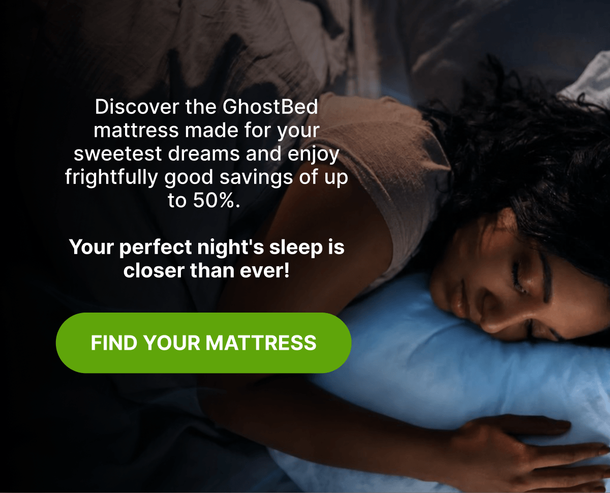 Woman sleeping peacefully on a GhostBed mattress with a call to action to find your perfect match.