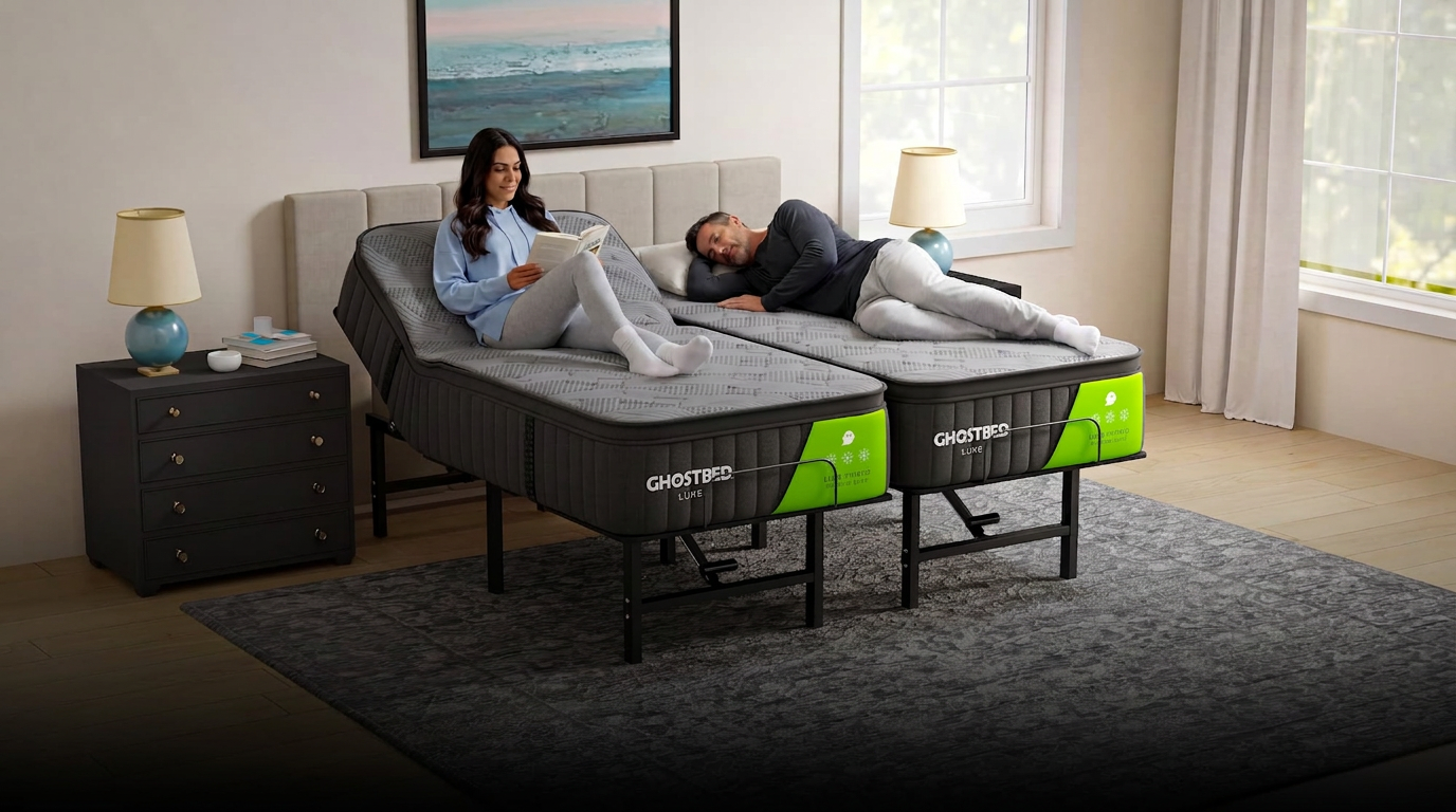A couple relaxes on adjustable Ghostbed mattresses in a bedroom.
