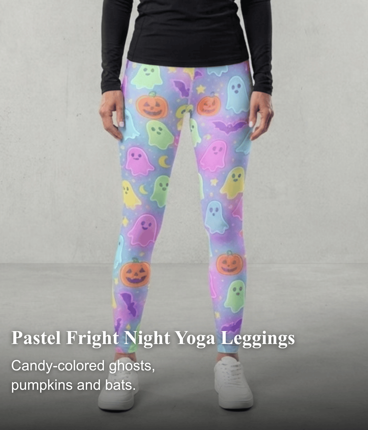 Pastel Fright Night Yoga Leggings — Candy-colored ghosts, pumpkins and bats.