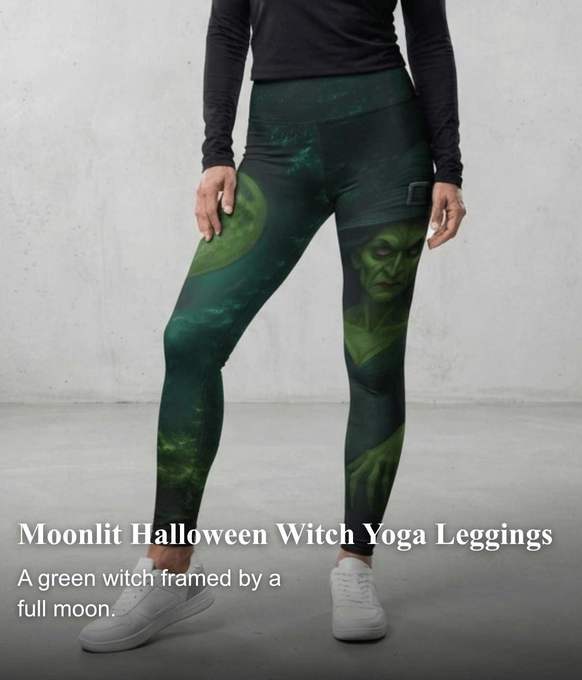 Moonlit Halloween Witch Yoga Leggings — A green witch framed by a full moon.