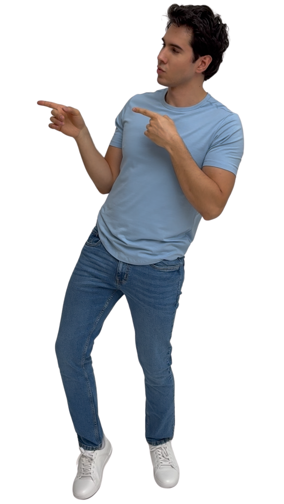 Guy pointing left in a light blue Crew and Slim Steams