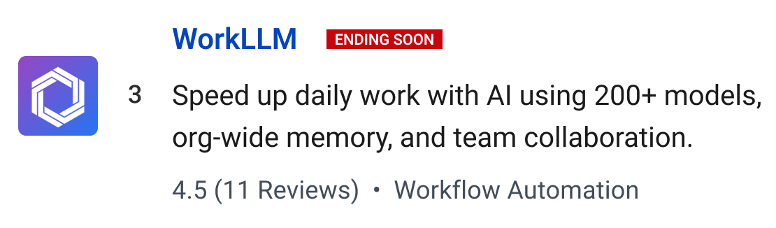 WorkLLM (ending soon): Speed up daily work with AI using 200+ models, org-wide memory, and team collaboration.