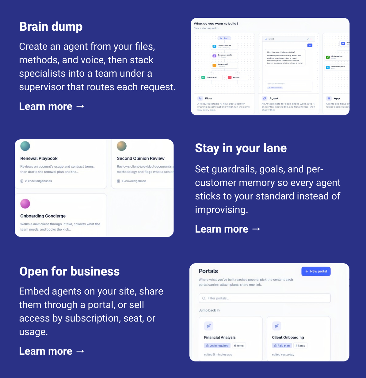 Brain dump Create an agent from your files, methods, and voice, then stack specialists into a team under a supervisor that routes each request. Learn more → Stay in your lane Set guardrails, goals, and per-customer memory so every agent sticks to your standard instead of improvising. Learn more → Open for business Embed agents on your site, share them through a portal, or sell access by subscription, seat, or usage. Learn more →