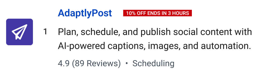 AdaptlyPost (10% off ends in 3 hours): Plan, schedule, and publish social content with AI-powered captions, images, and automation.
