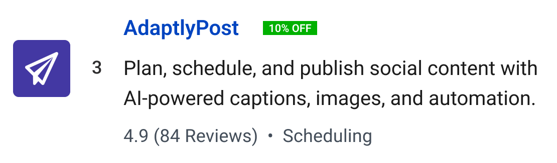 AdaptlyPost (10% off): Plan, schedule, and publish social content with AI-powered captions, images, and automation.