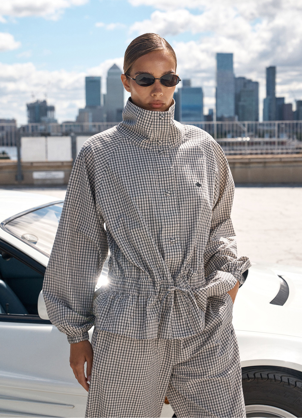 CHECKED DROP WAIST FUNNEL NECK JACKET