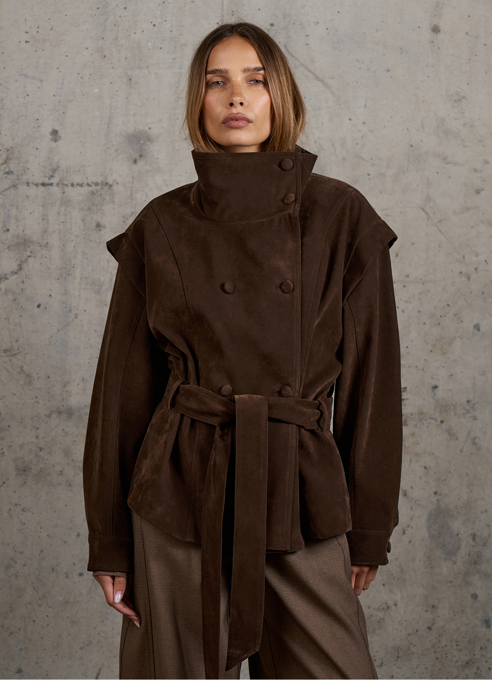 FAUX SUEDE FUNNEL NECK TIE WAIST JACKET
