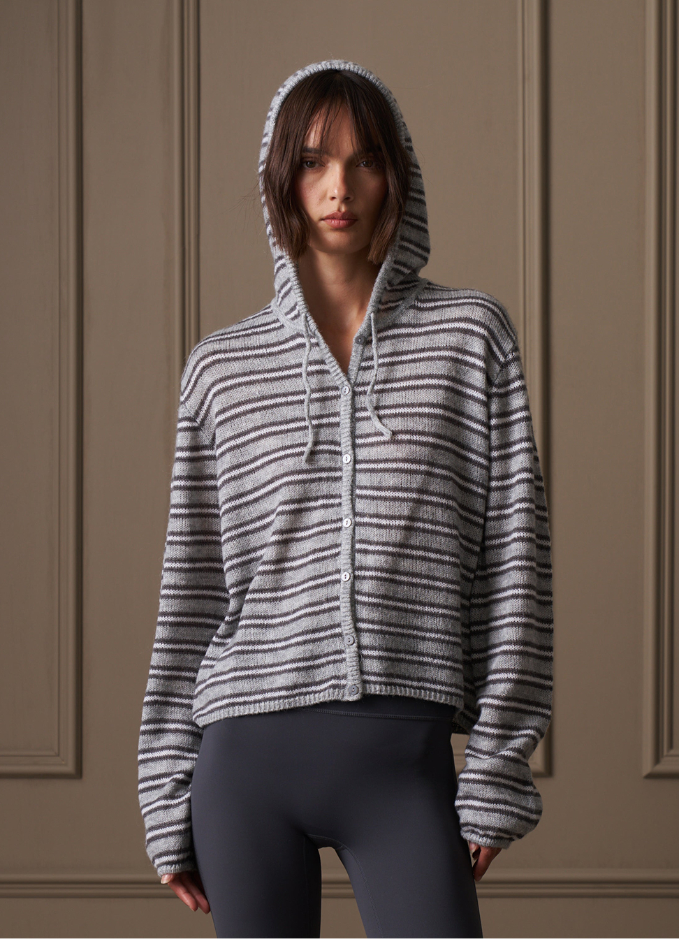 STRIPE LOOSE KNIT HOODED CARDIGAN