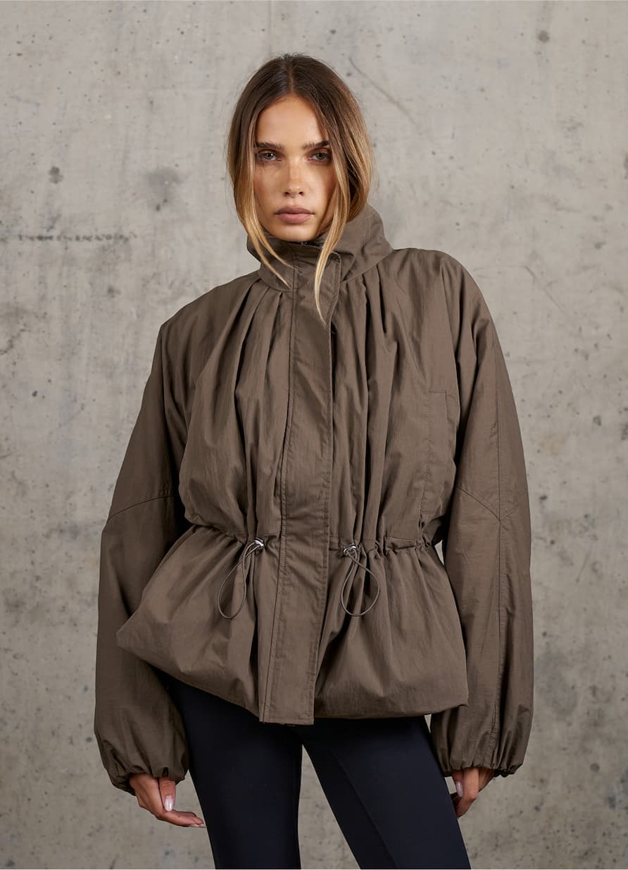 CINCHED WAIST FUNNEL NECK PADDED JACKET