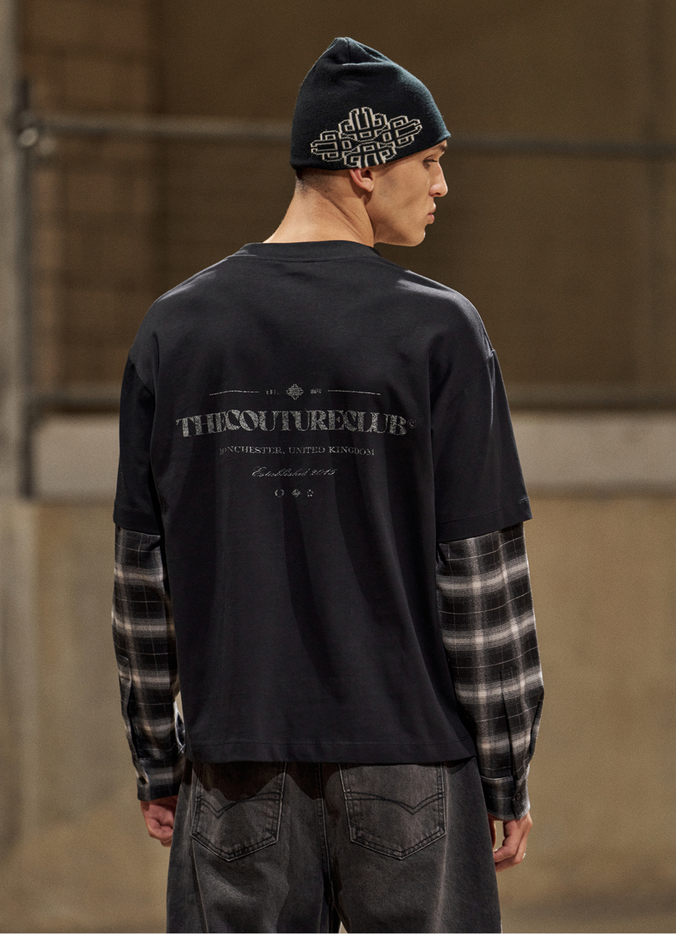 DOUBLE LAYER CHECKED LONG SLEEVE T-SHIRT