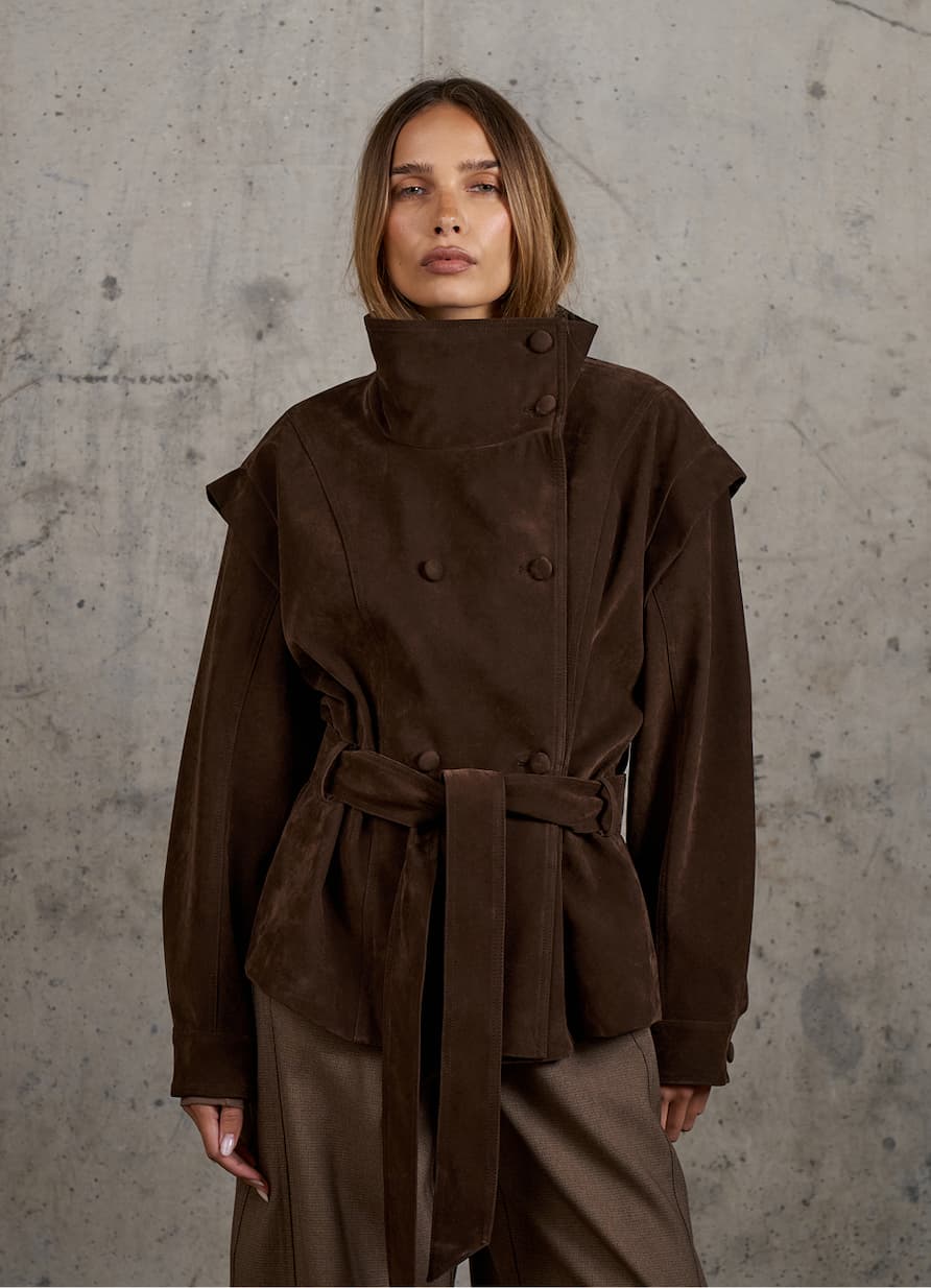 FAUX SUEDE FUNNEL NECK TIE WAIST JACKET
