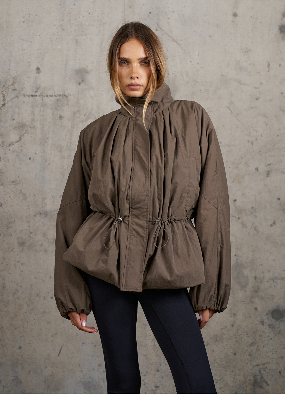 CINCHED WAIST FUNNEL NECK PADDED JACKET