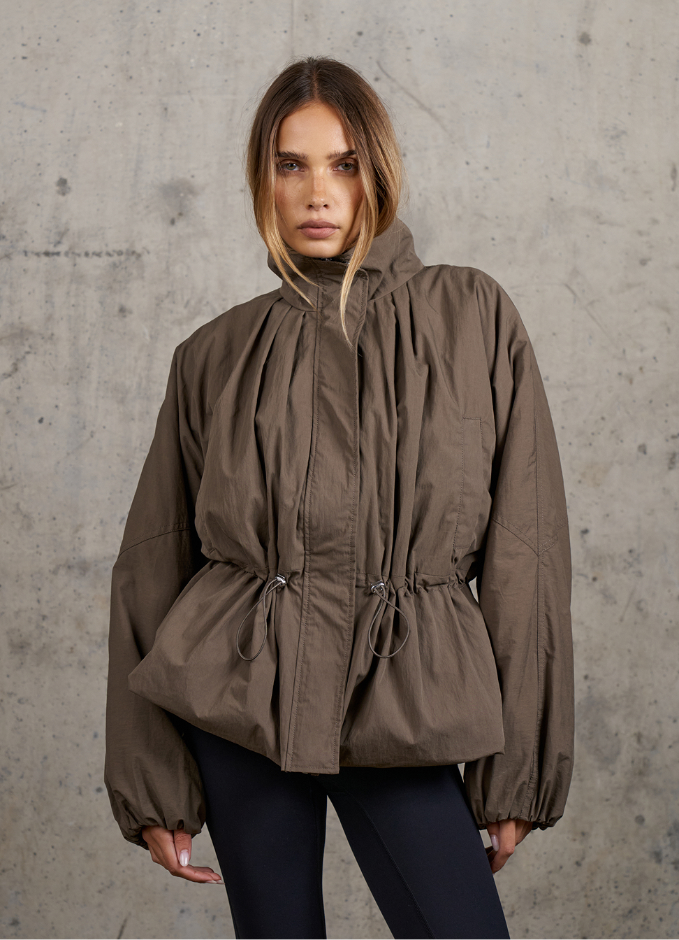 CINCHED WAIST FUNNEL NECK PADDED JACKET