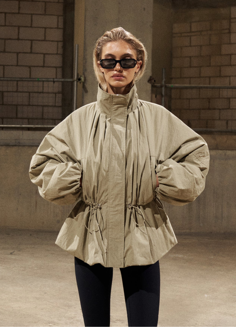 CINCHED WAIST FUNNEL NECK PADDED JACKET