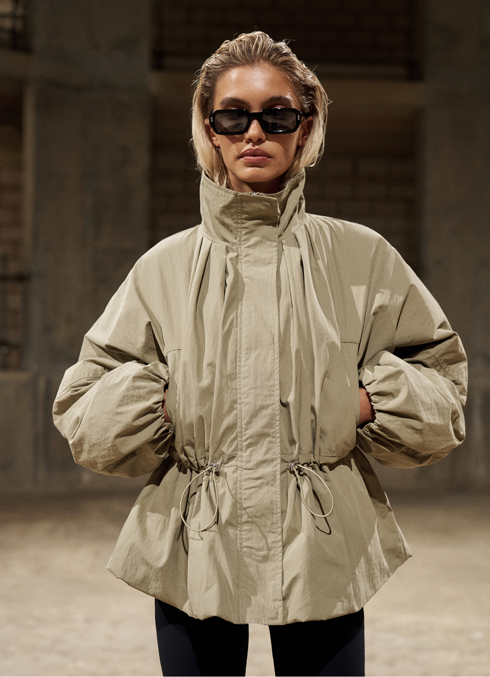 CINCHED WAIST FUNNEL NECK PADDED JACKET