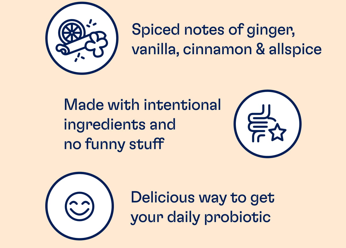 Spiced notes of ginger, vanilla, cinnamon & allspice | Made with intentional ingredients and no funny stuff | Delicious way to get your daily probiotic