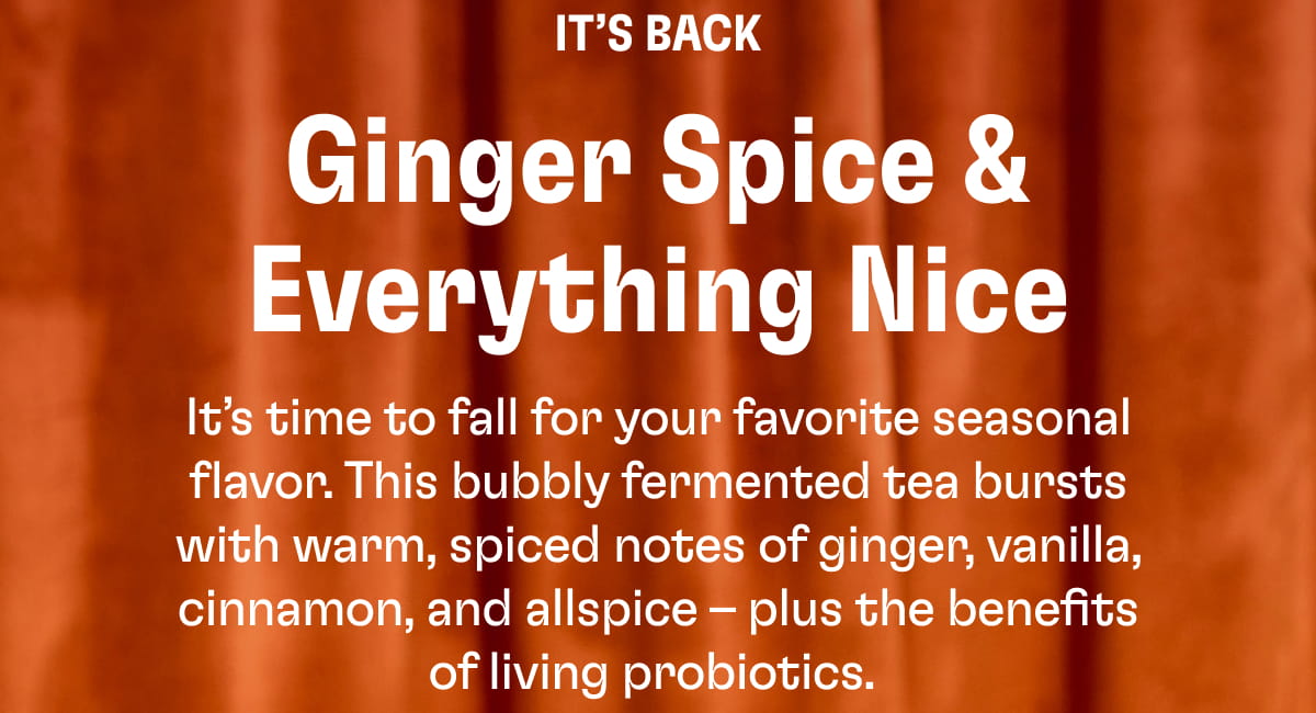 IT’S BACK | Ginger Spice & Everything Nice | It’s time to fall for your favorite seasonal flavor. This bubbly fermented tea bursts with warm, spiced notes of ginger, vanilla, cinnamon, and allspice – plus the benefits of living probiotics.&nbsp;