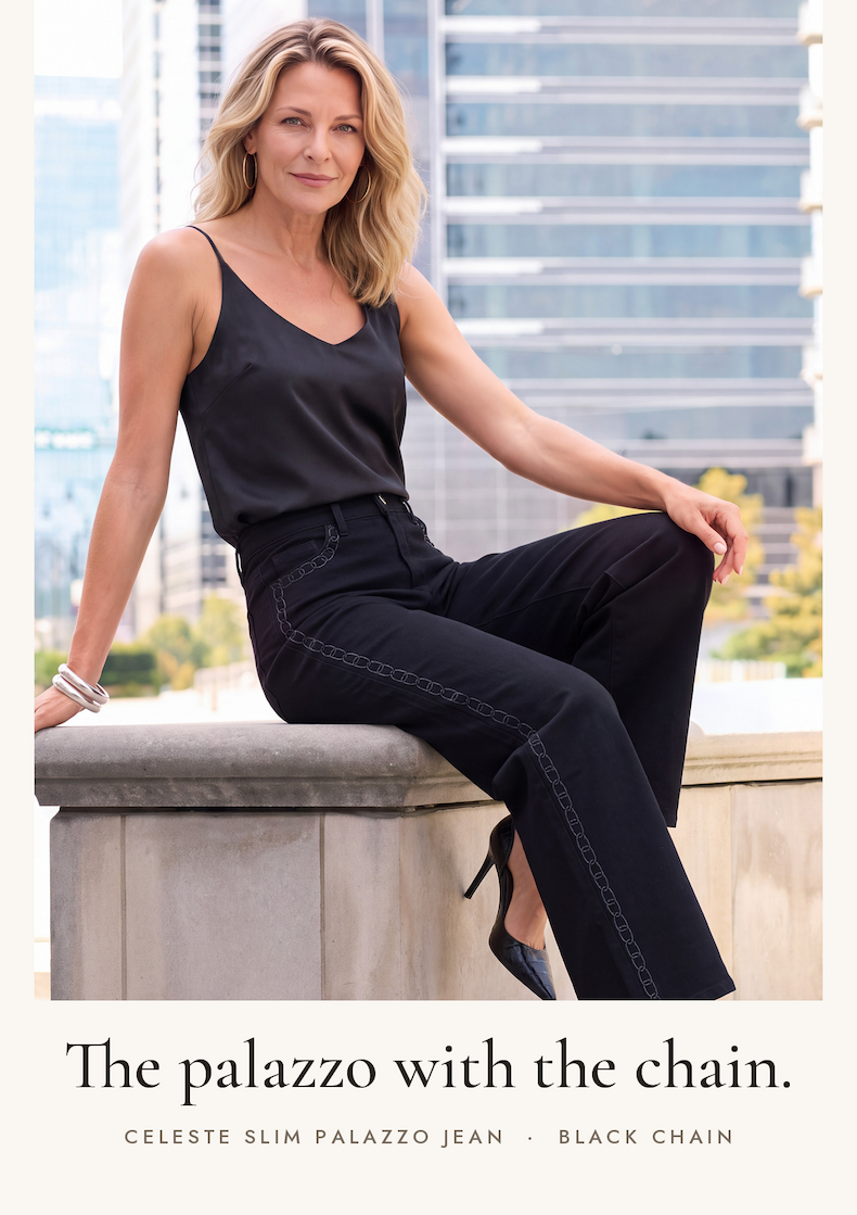 Celeste Slim Palazzo Jean in Black Chain, worn with a black silk cami and heels